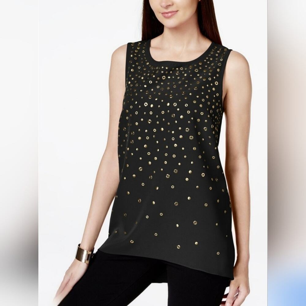 INC International Concepts Stud Embellished Black & Gold Blouse Sz. L #1936